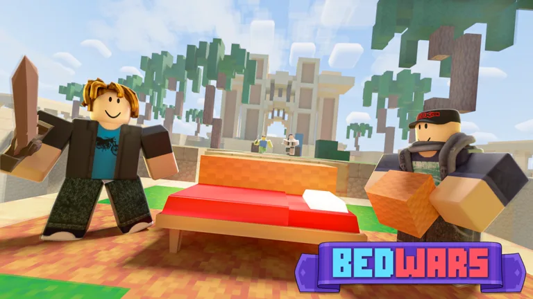BedWars players defending a red bed during an island battle