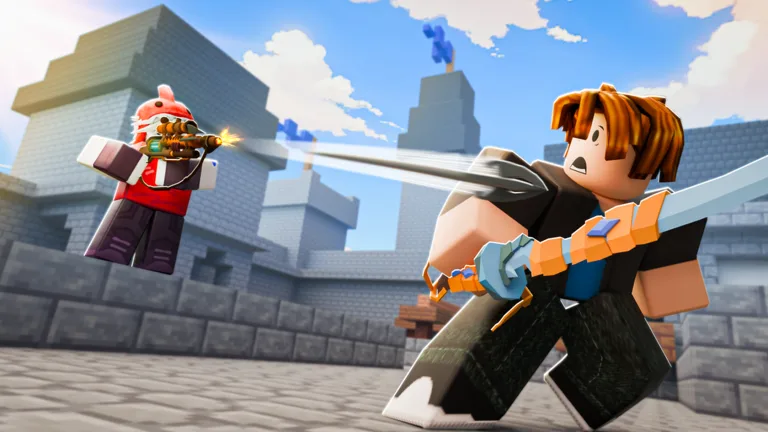 BedWars characters clashing with swords and ranged weapons